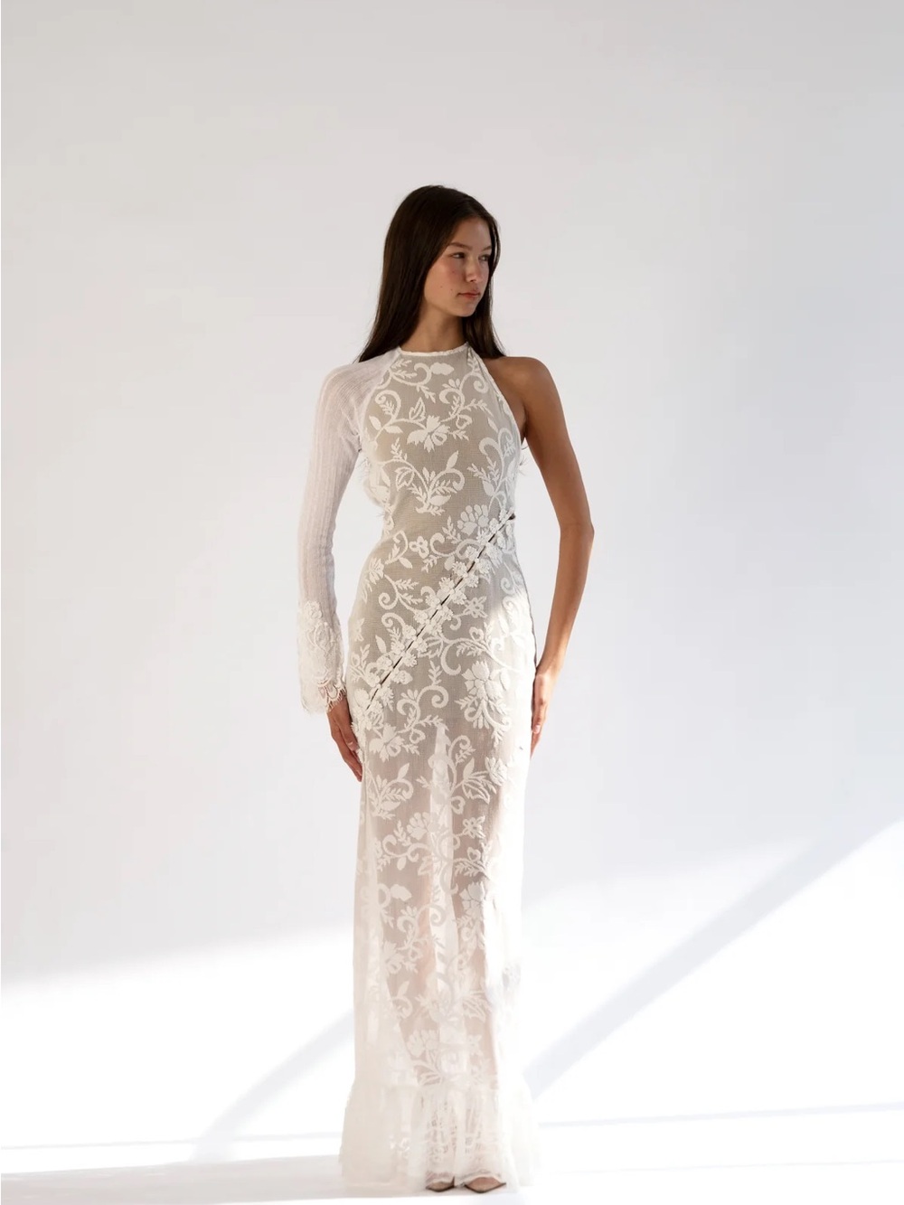 One-Shoulder White Lace Maxi Dress with Asymmetrical Sleeve - Picture 4 of 7
